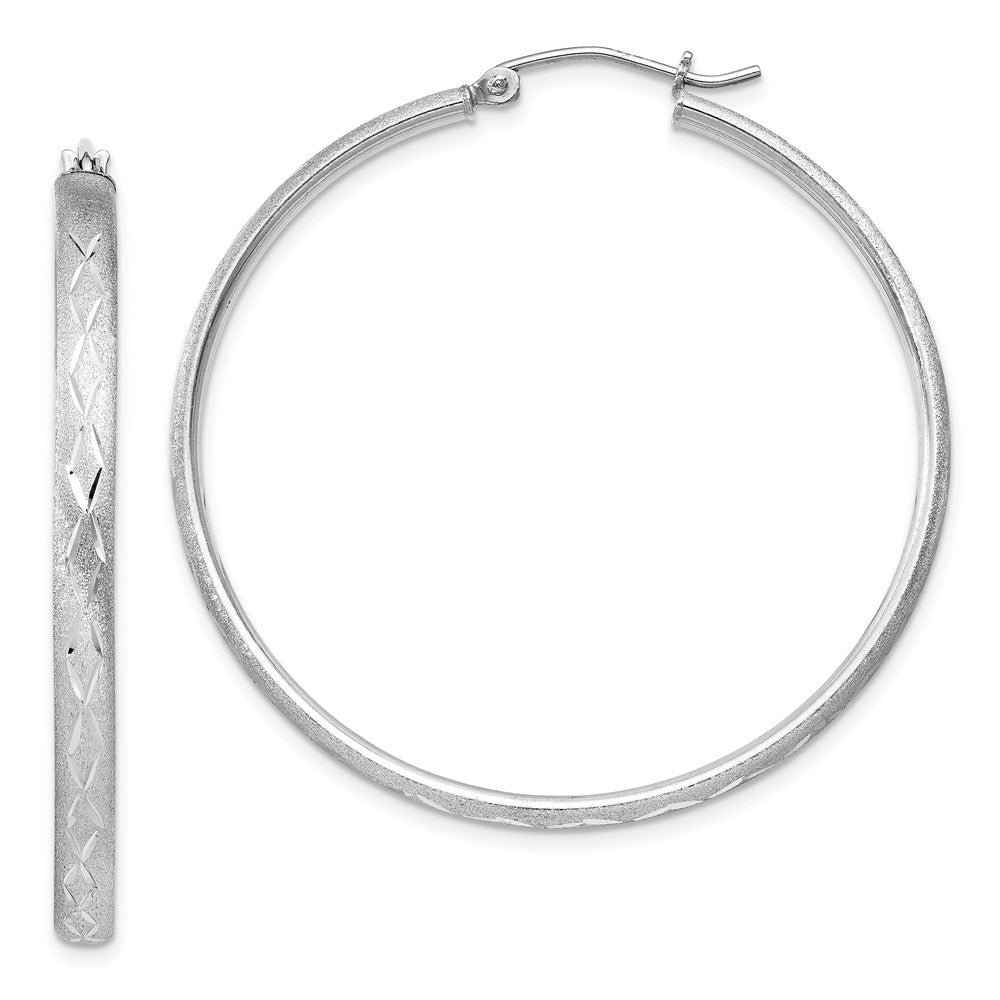 Sterling Silver Rhodium-plated Satin Diamond-cut Hoop Earrings