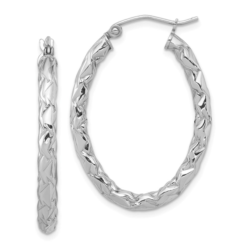 Sterling Silver RH-plated D/C Textured Oval Hoop Earrings