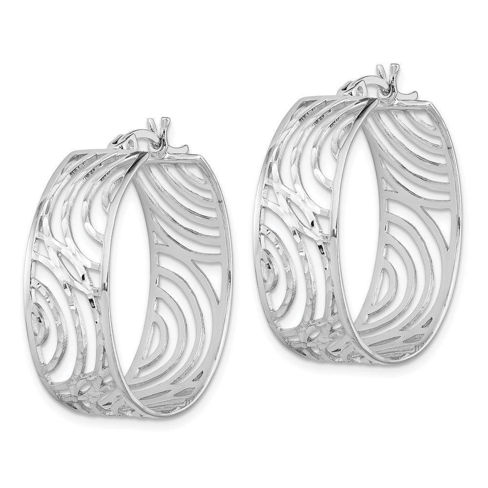Sterling Silver Rhodium-plated Oval Diamond-cut Fancy Hoop Earrings