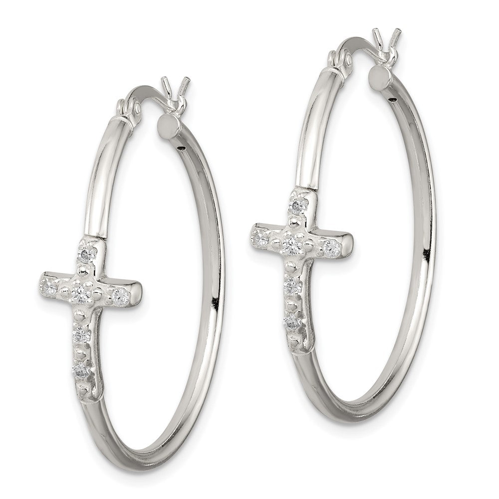 Sterling Silver Polished CZ Cross Round Hoop Earrings
