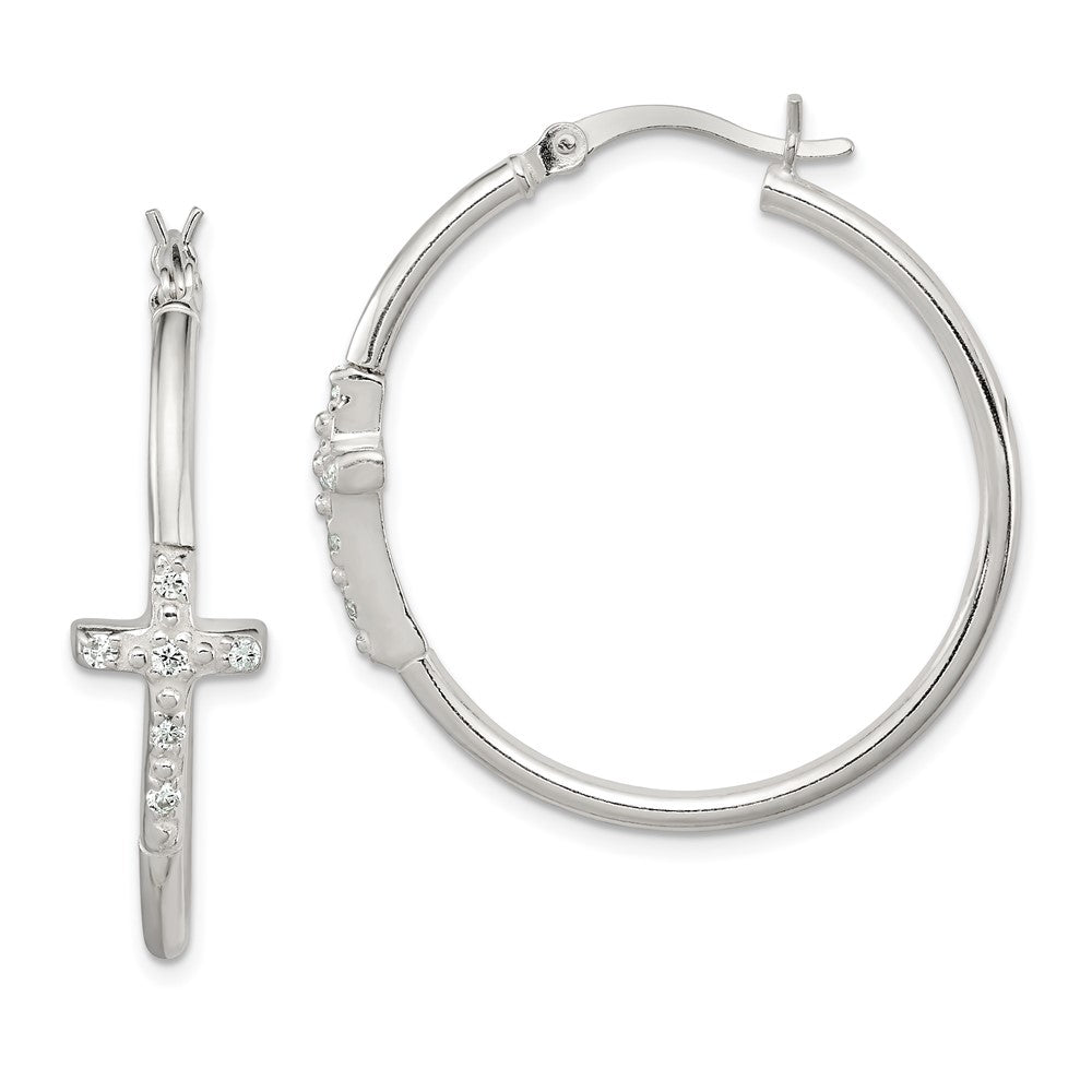 Sterling Silver Polished CZ Cross Round Hoop Earrings
