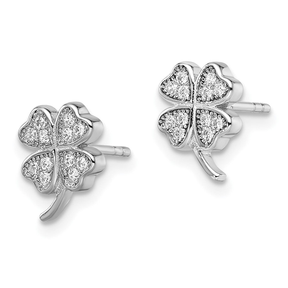 Sterling Silver Rhodium-plated Polished CZ 4 Leaf Clover Post Earrings