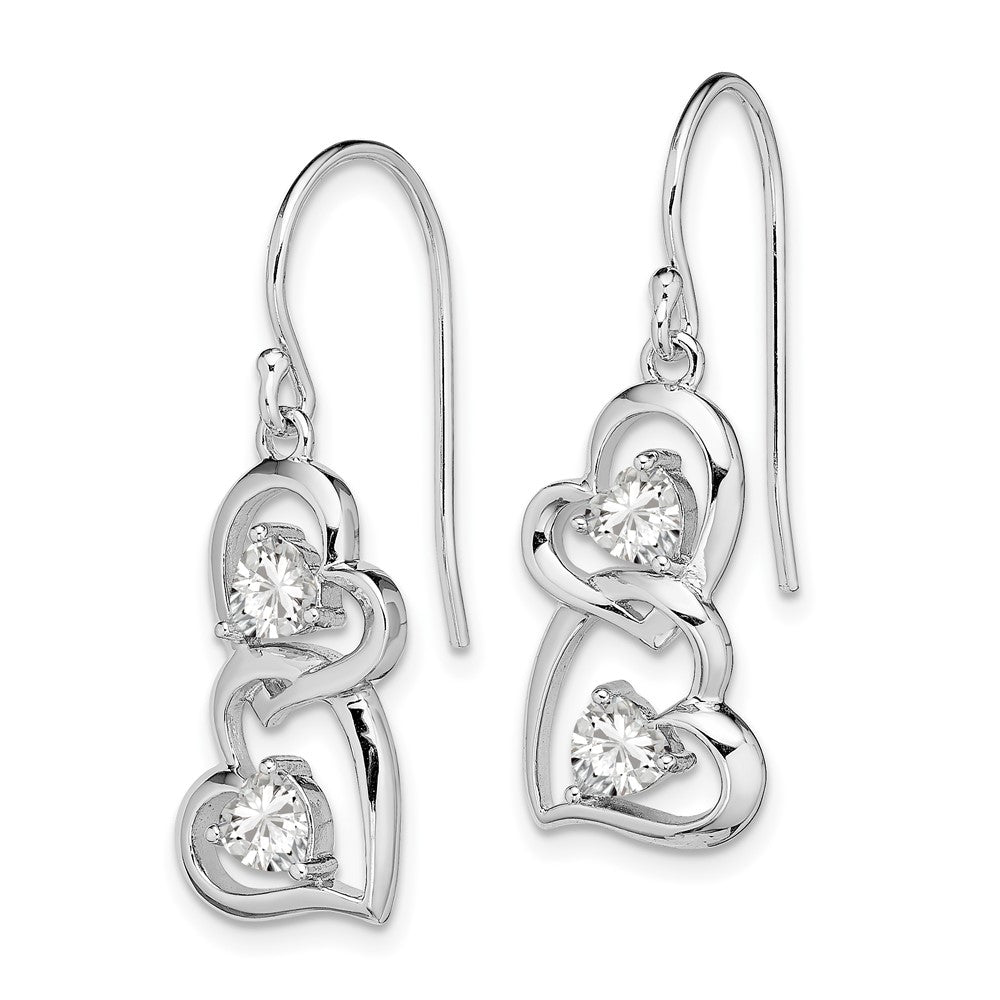 Sterling Silver RH-plated CZ Heart Dangle Shepherd Hook Earrings