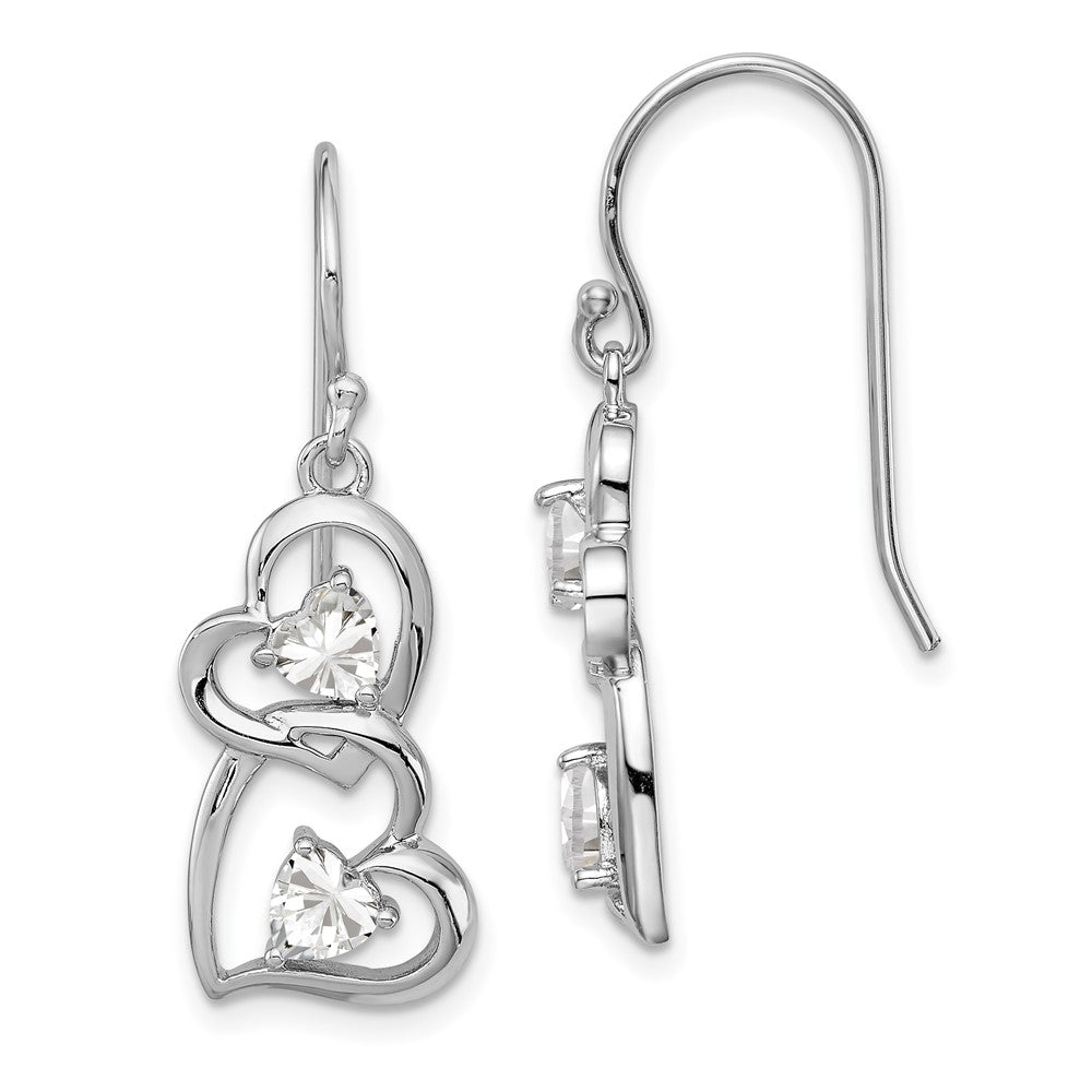 Sterling Silver RH-plated CZ Heart Dangle Shepherd Hook Earrings