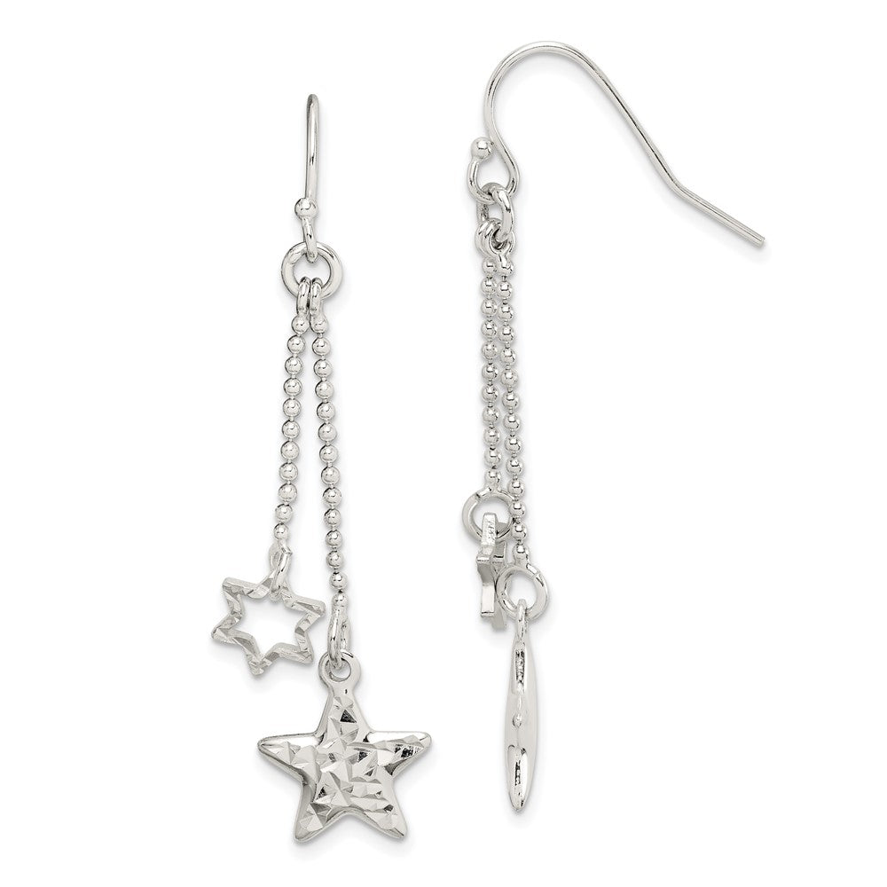 Sterling Silver Diamond-cut Star Dangle Shepherd Hook Earrings