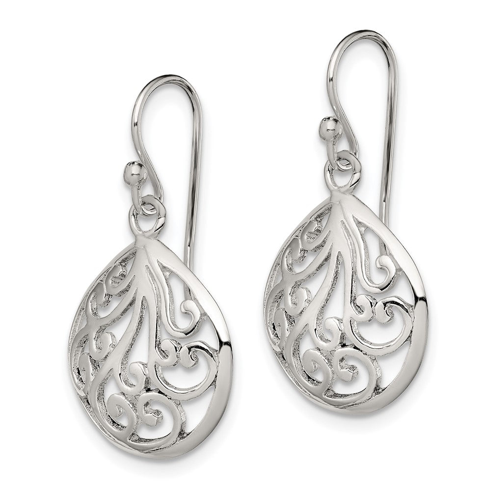 Sterling Silver Polished Filigree Swirl Wide Teardrop Dangle Earrings