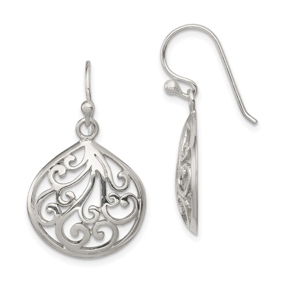 Sterling Silver Polished Filigree Swirl Wide Teardrop Dangle Earrings