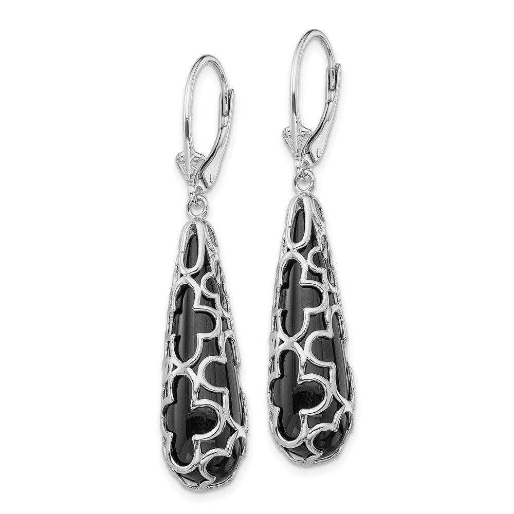 Sterling Silver RH-pltd Polished Onyx Teardrop Leverback Dangle Earrings