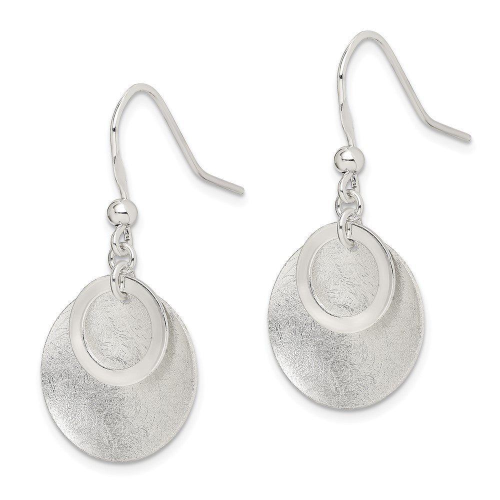 Sterling Silver Polished & Brushed Double Circle Dangle Earrings