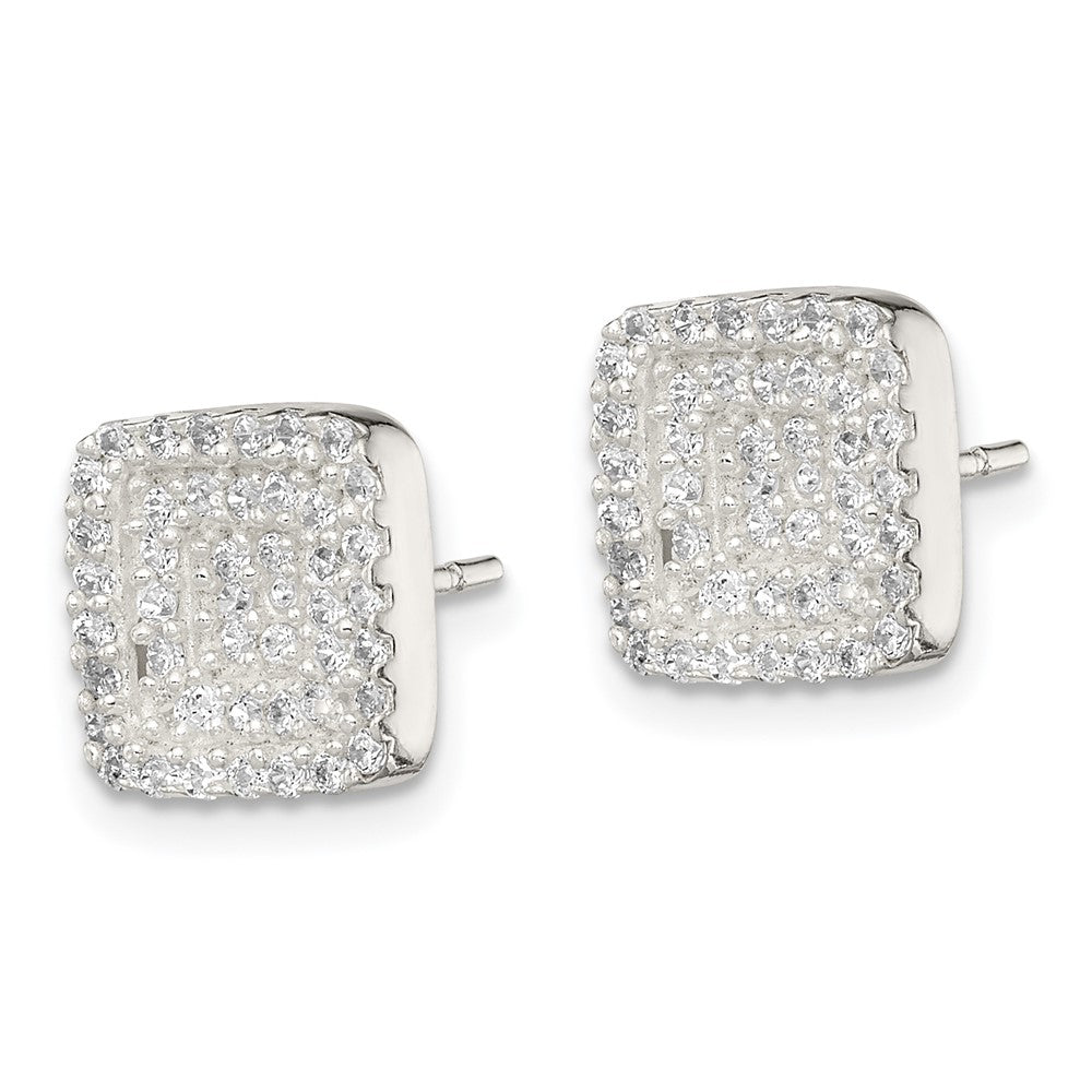 Sterling Silver Polished Pav CZ Square Post Earrings