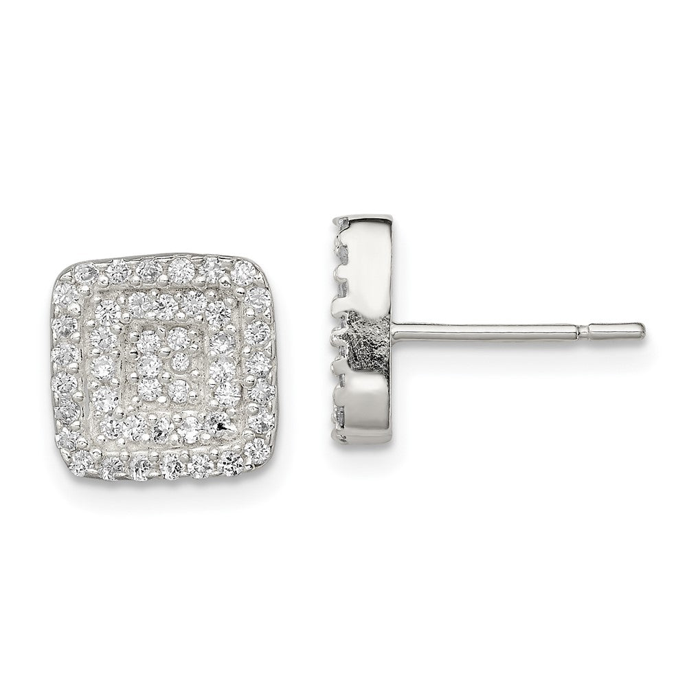 Sterling Silver Polished Pav CZ Square Post Earrings