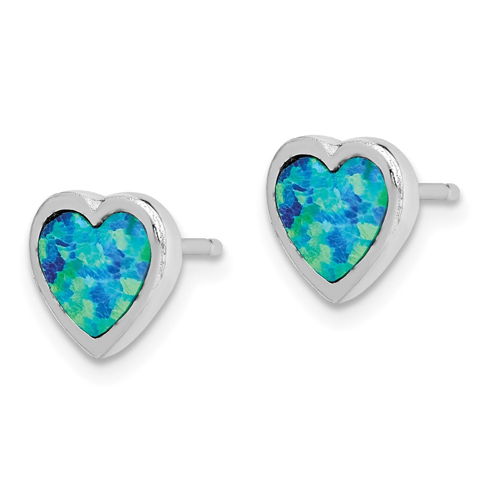 Sterling Silver Rhodium-plated Blue Created Opal Heart Post Earrings