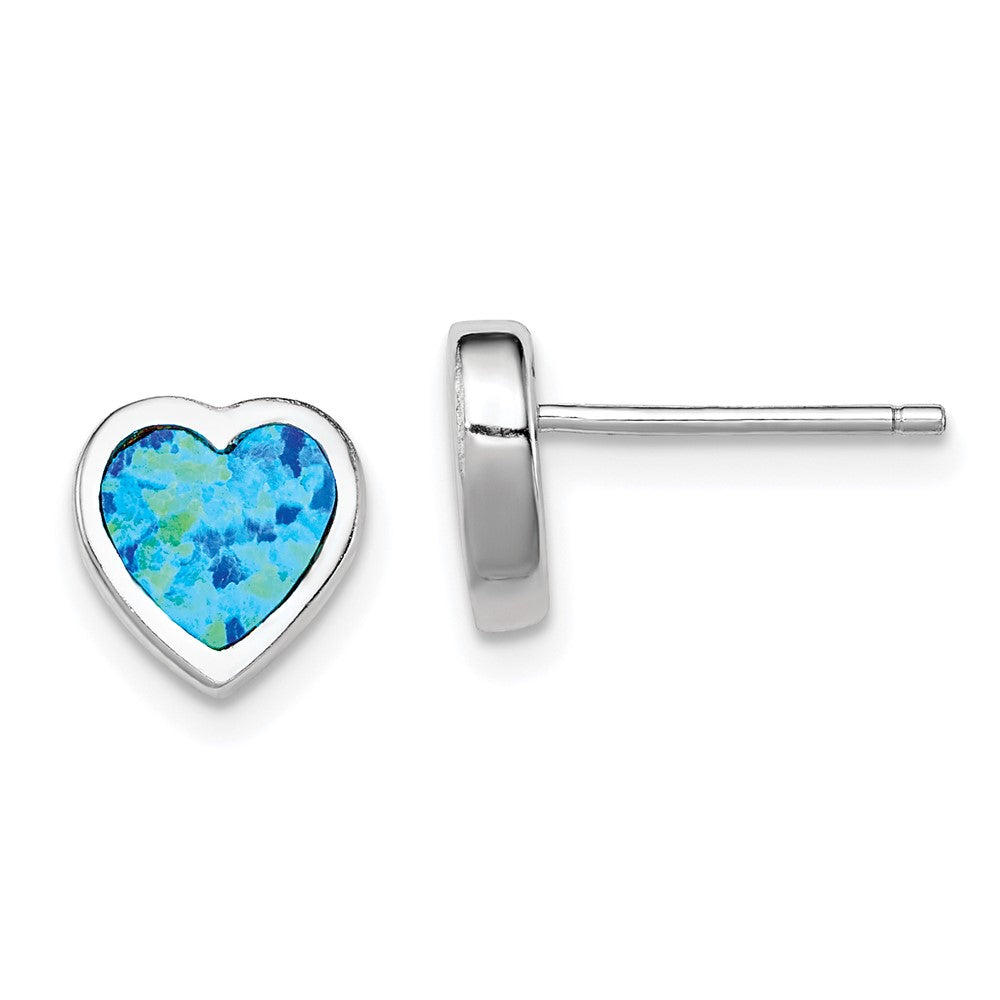 Sterling Silver Rhodium-plated Blue Created Opal Heart Post Earrings