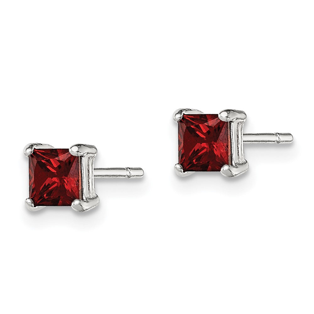 Sterling Silver Polished Square Red Glass Stud Earrings