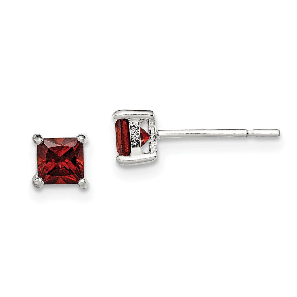 Sterling Silver Polished Square Red Glass Stud Earrings