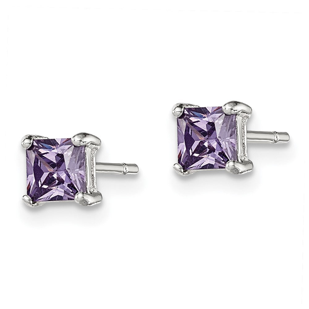 Sterling Silver Polished Square Purple CZ Stud Earrings