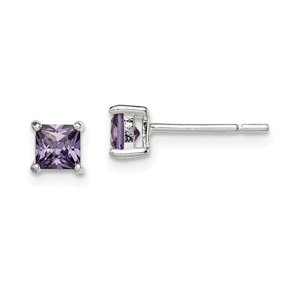 Sterling Silver Polished Square Purple CZ Stud Earrings