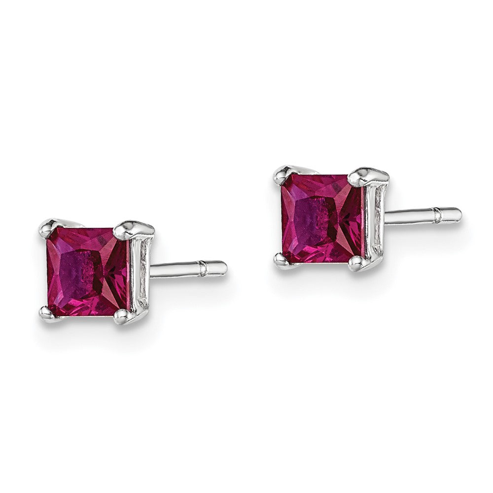 Sterling Silver Polished Square Dark Red Glass Stud Earrings