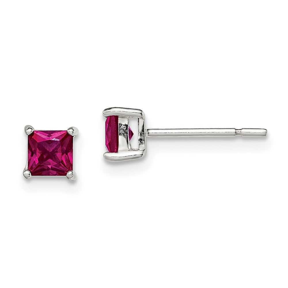 Sterling Silver Polished Square Dark Red Glass Stud Earrings