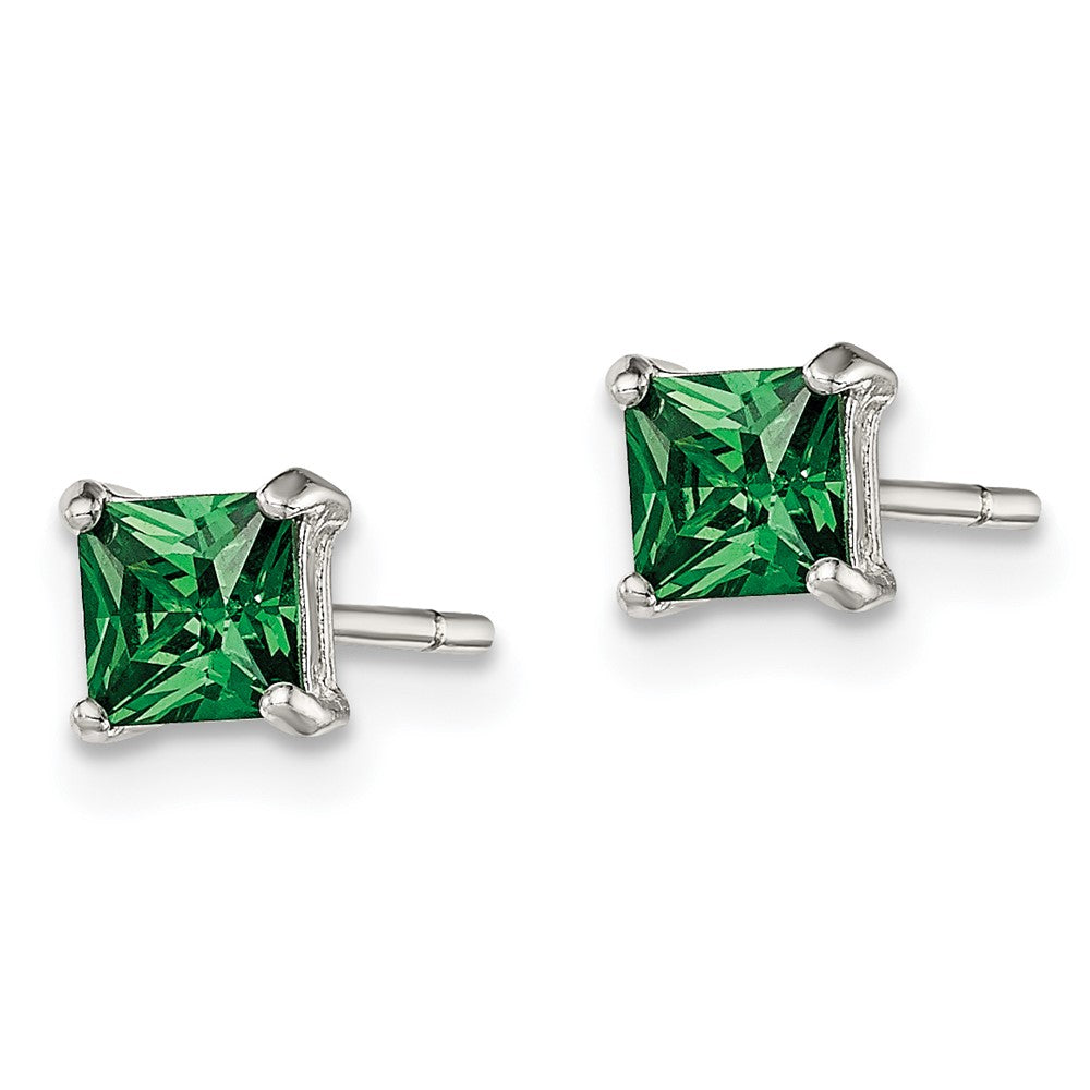 Sterling Silver Polished Square Green Glass Stud Earrings