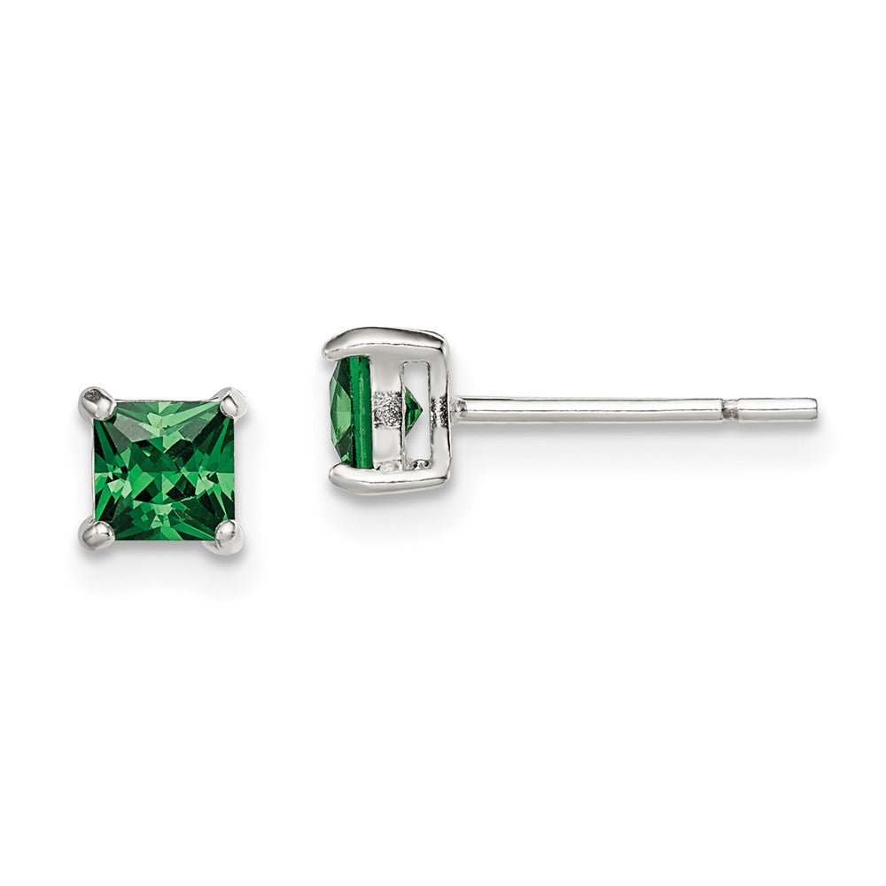 Sterling Silver Polished Square Green Glass Stud Earrings