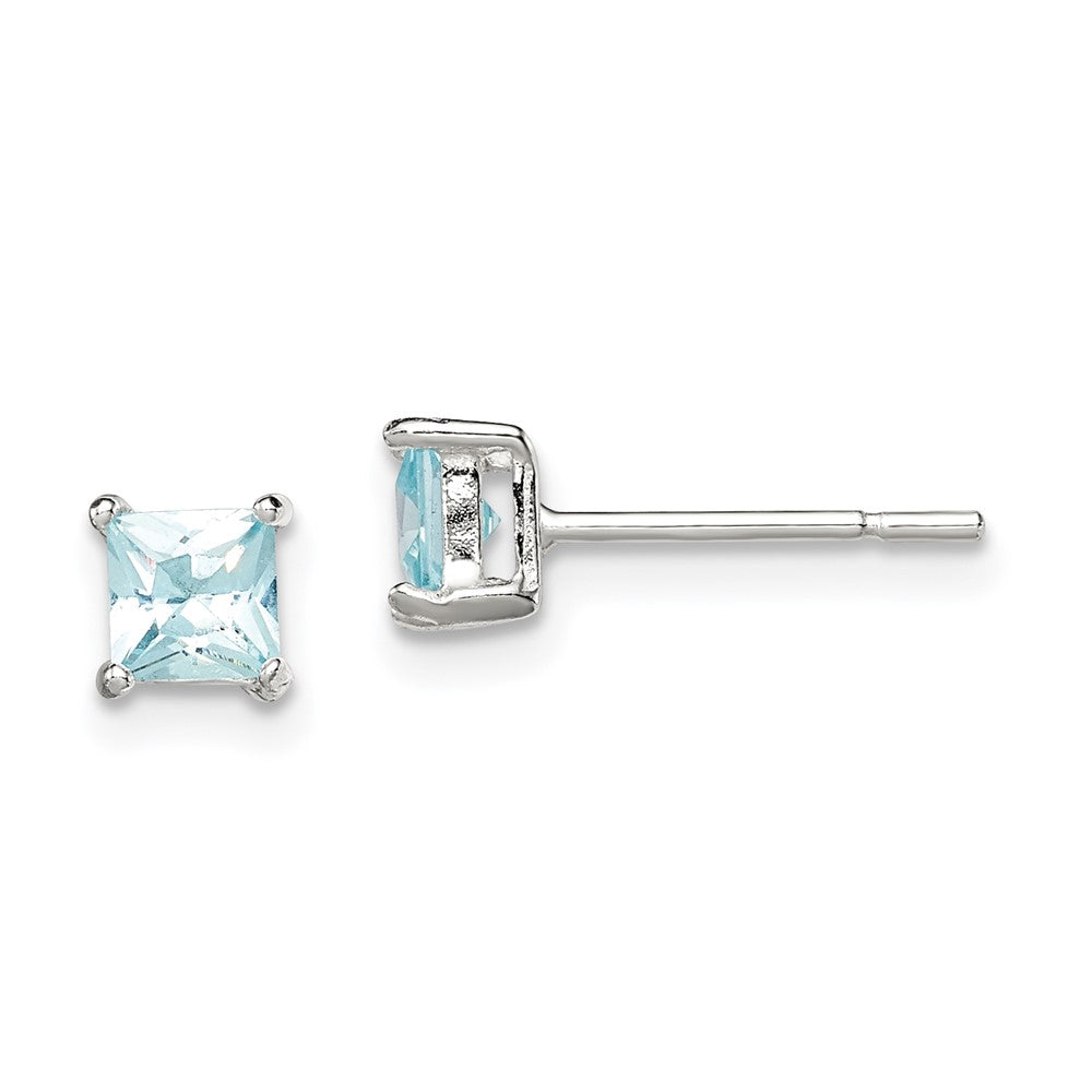 Sterling Silver Polished Square Light Blue CZ Stud Earrings