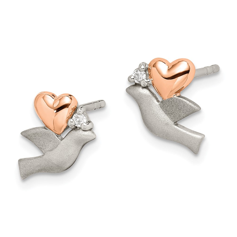 Sterling Silver Rhodium/Rose-plated CZ Heart Satin Dove Post Earrings