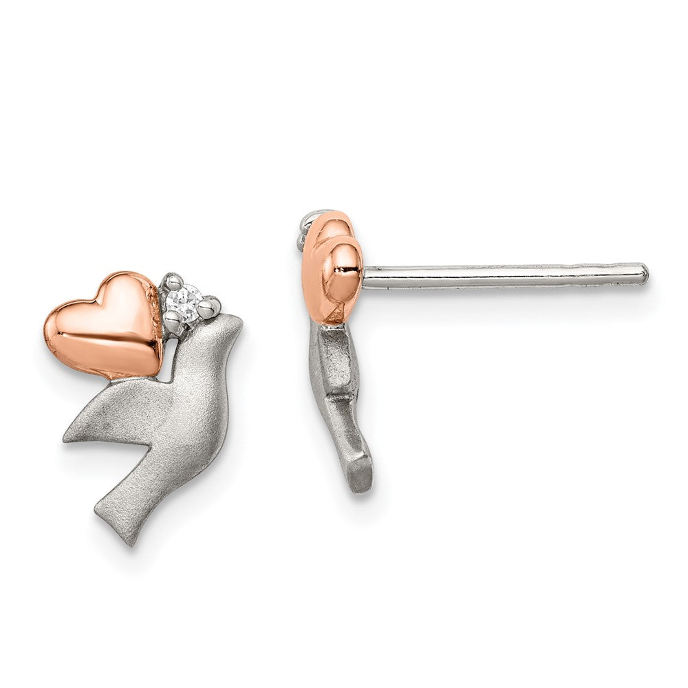 Sterling Silver Rhodium/Rose-plated CZ Heart Satin Dove Post Earrings