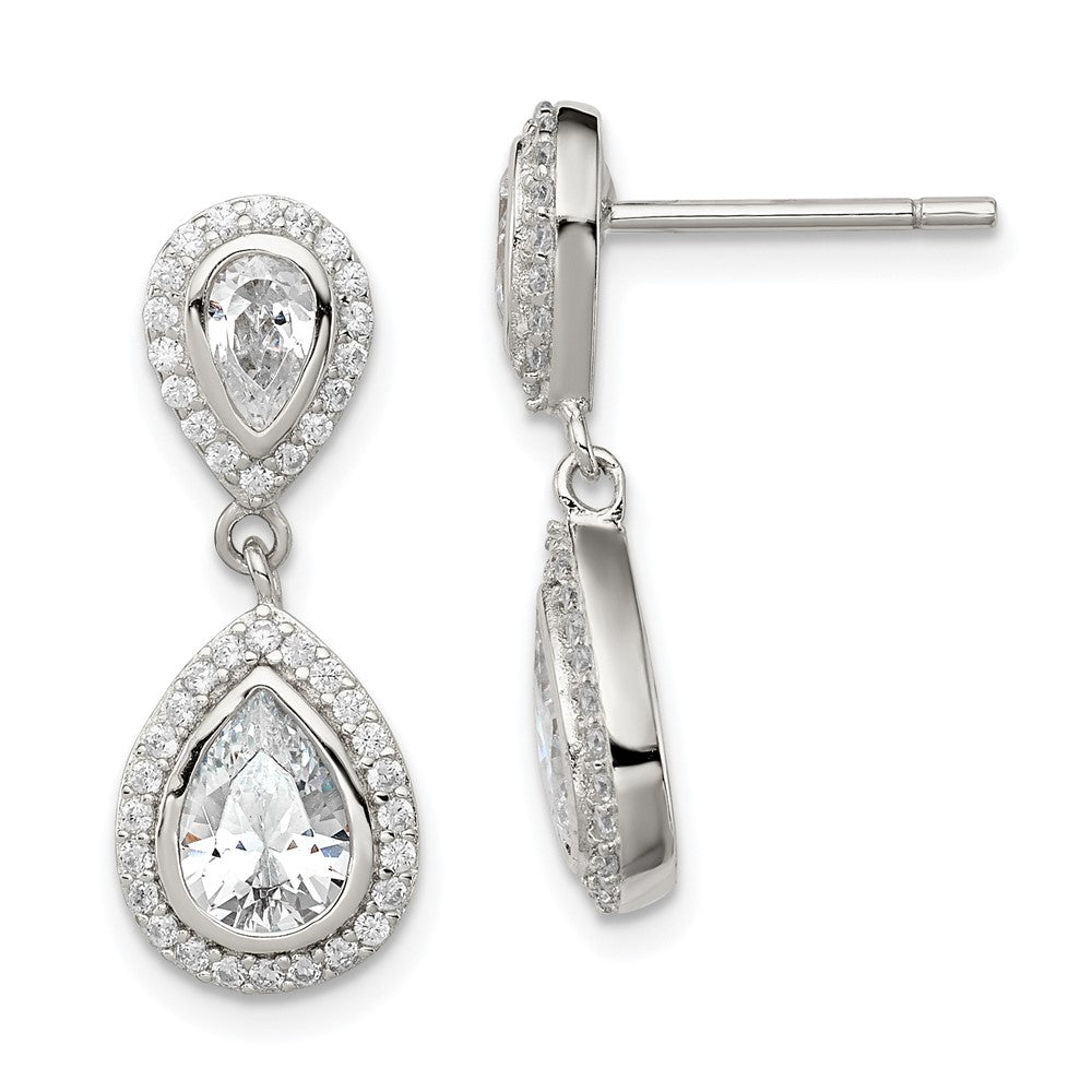 Sterling Silver Rhodium-plated Polished CZ Pear Halo Post Dangle Earrings