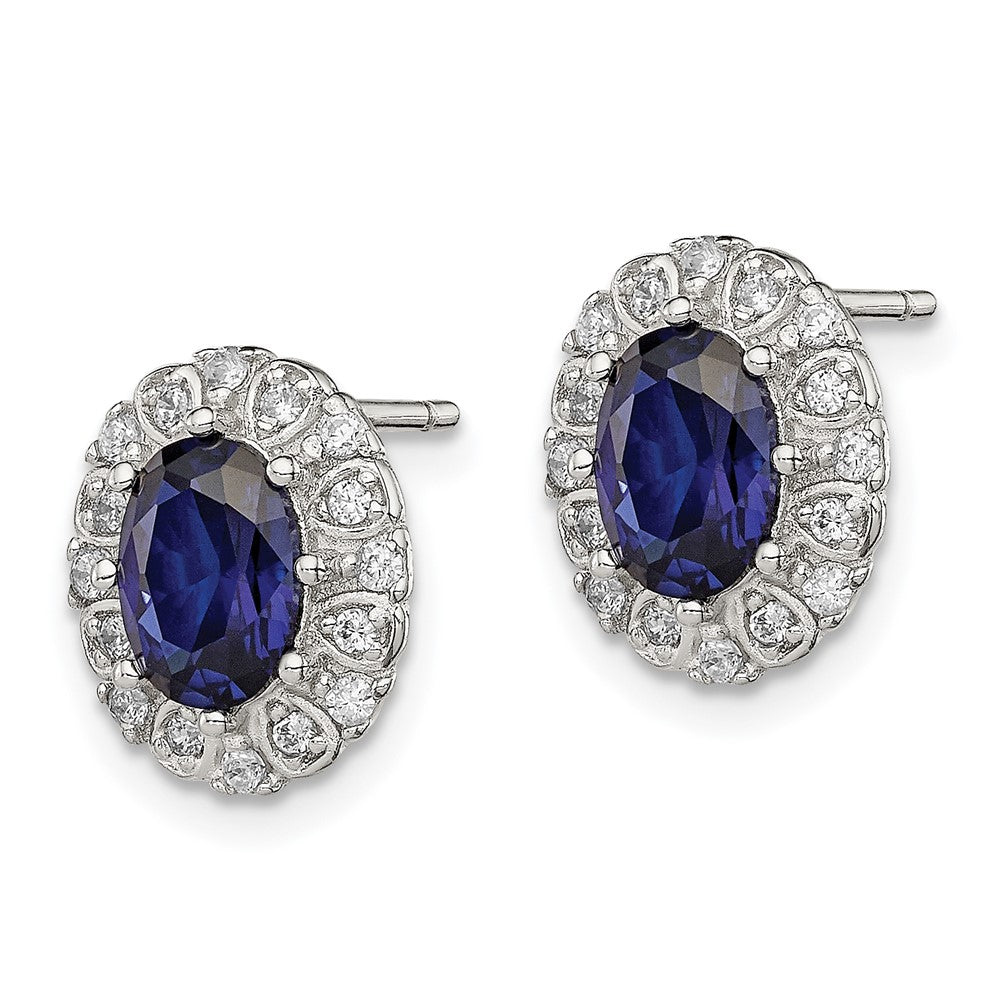 Sterling Silver RH-plated CZ and Created Sapphire Oval Halo Post Earring