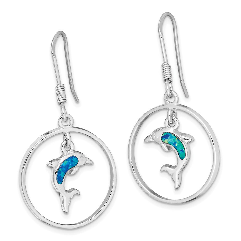 Sterling Silver Rhodium-plated Polished Created Blue Opal Dolphin Dangle Earrings