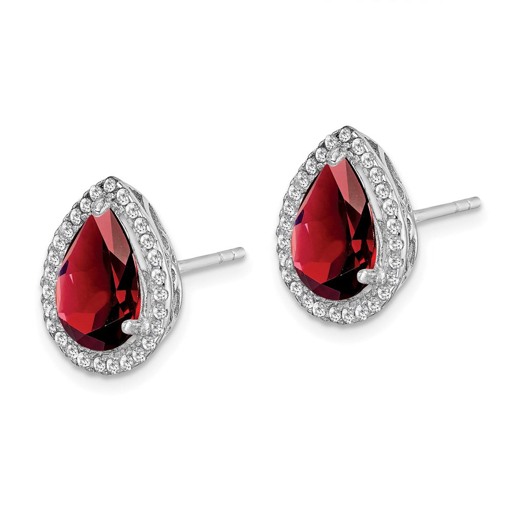 Sterling Silver Rhodium Polished Garnet & CZ Post Earrings