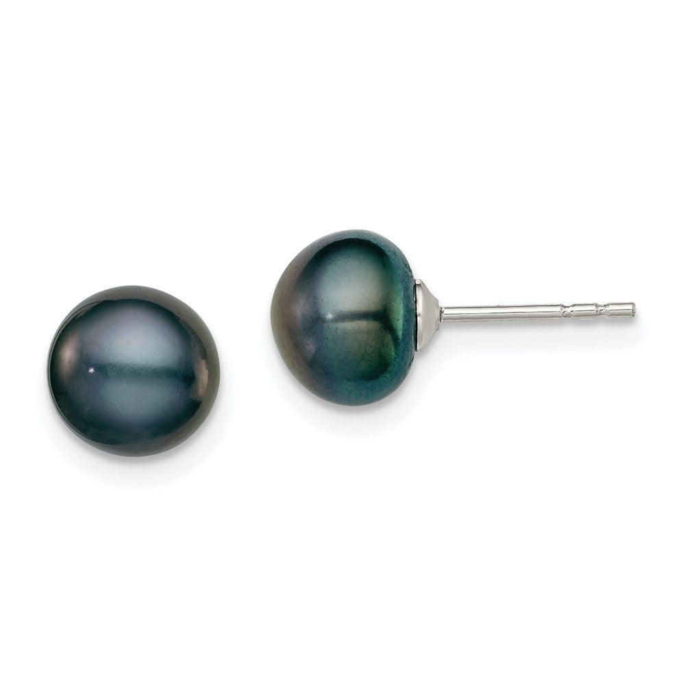 Sterling Silver Rhodium-plated 7- Black Button Freshwater Cultured Pearl Post Earring