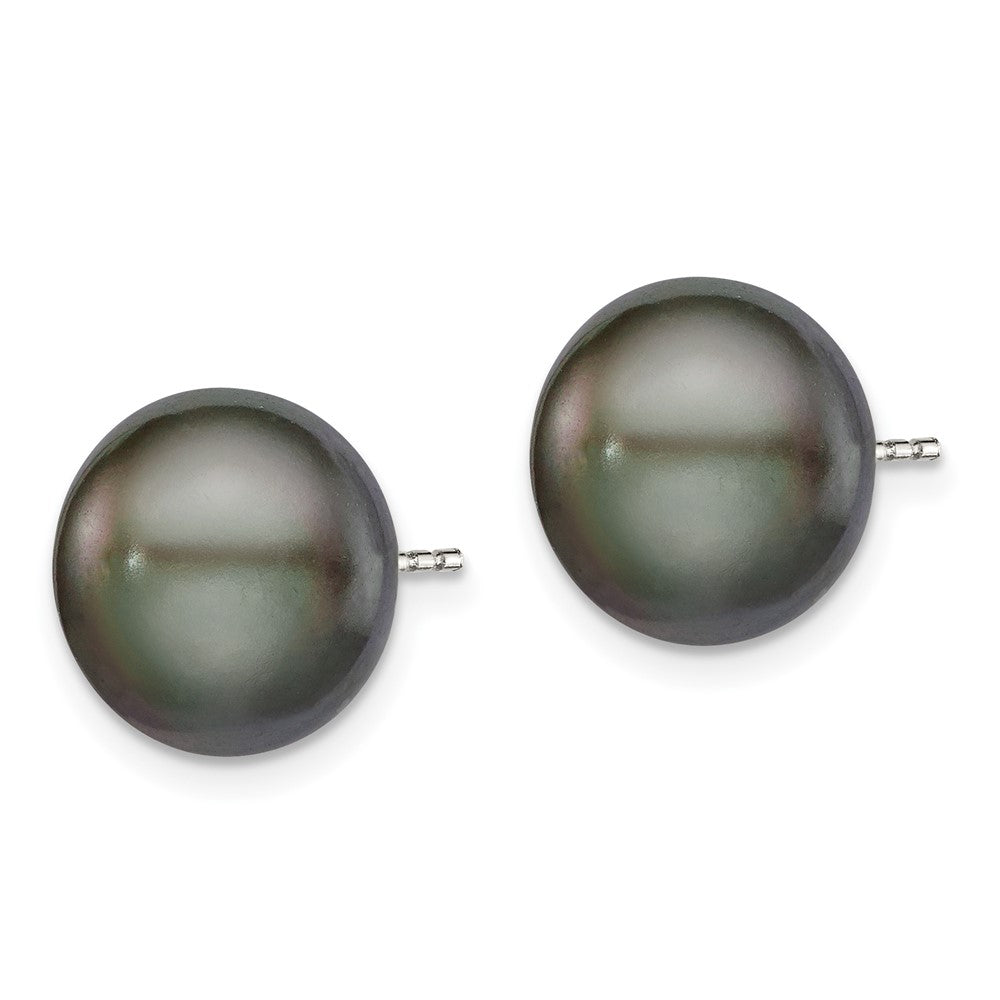Sterling Silver Rhodium-plated 11- Black Button Freshwater Cultured Pearl Post Earrings