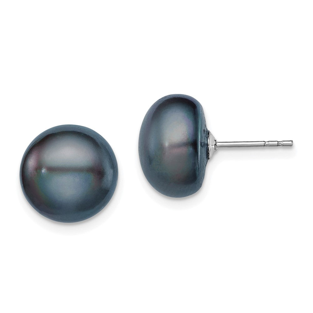 Sterling Silver Rhodium-plated 11- Black Button Freshwater Cultured Pearl Post Earrings