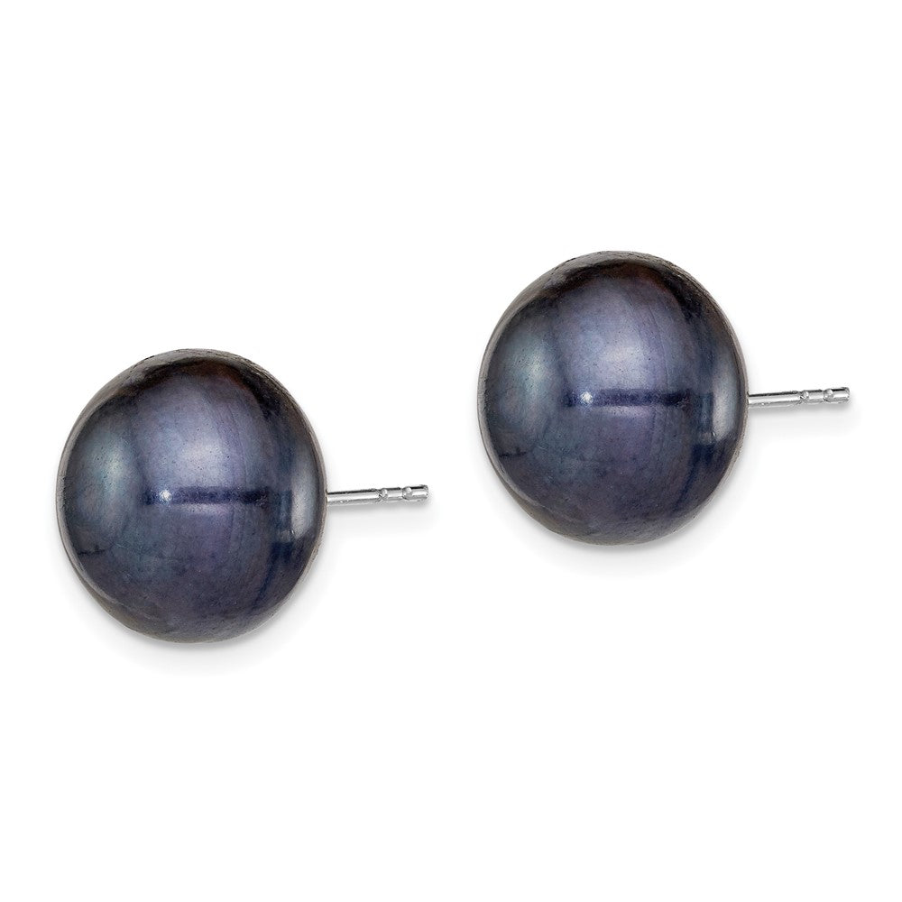 Sterling Silver Rhodium-plated 12- Black Button Freshwater Cultured Pearl Post Earrings