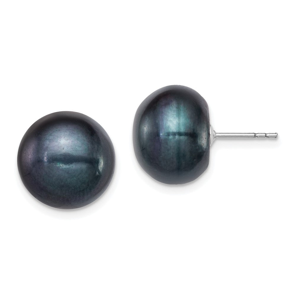 Sterling Silver Rhodium-plated 12- Black Button Freshwater Cultured Pearl Post Earrings