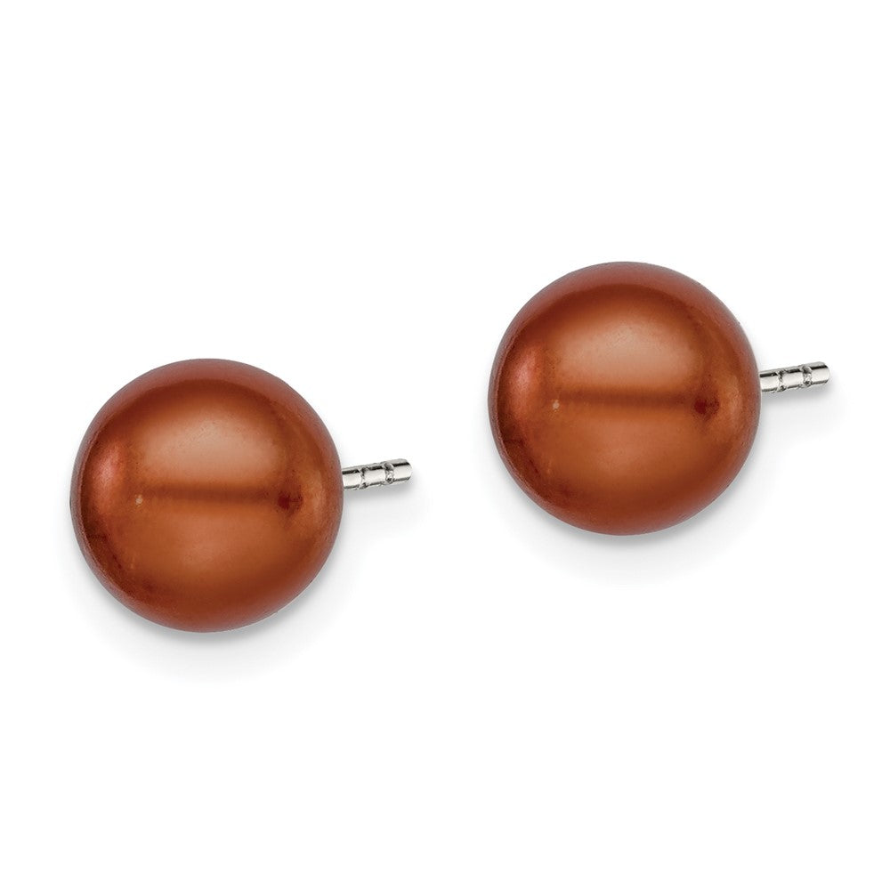 Sterling Silver Rhodium-plated 7- Brown Button Freshwater Cultured Pearl Post Earring