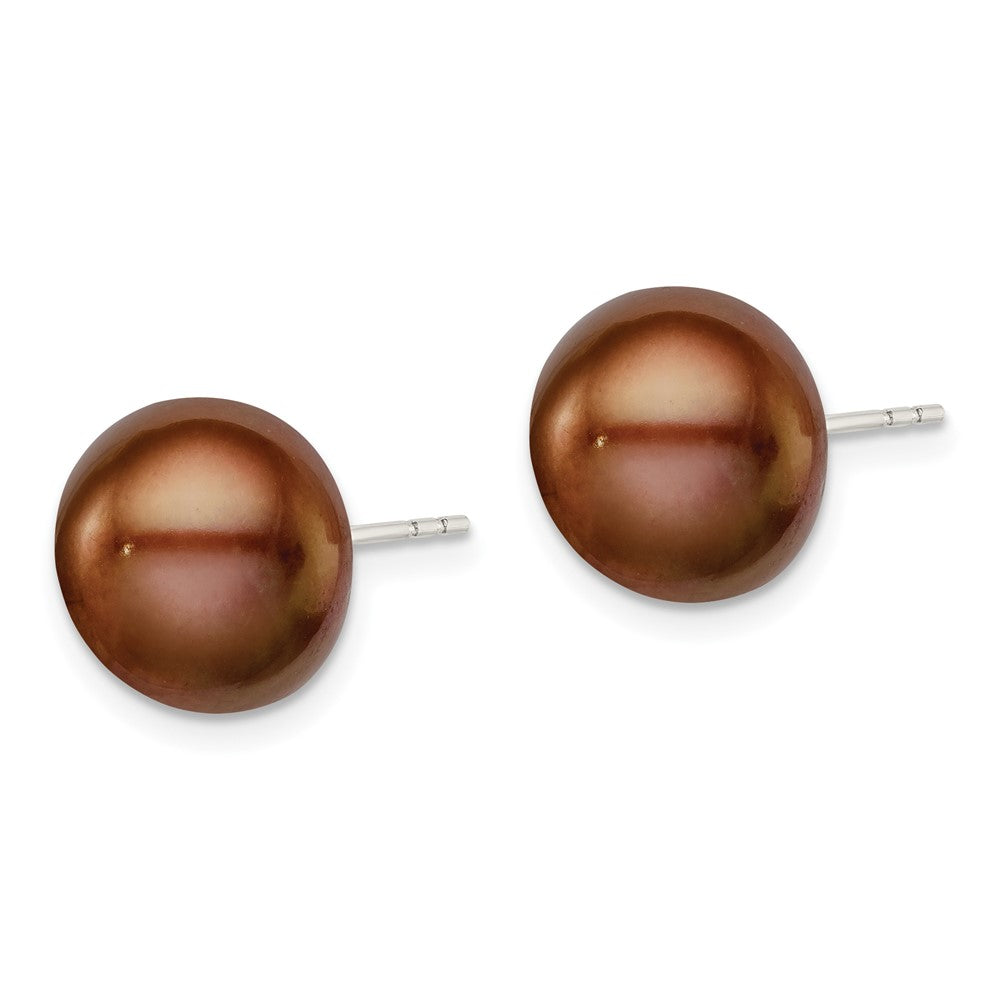 Sterling Silver Rhodium-plated 11- Brown Button Freshwater Cultured Pearl Post Earrings