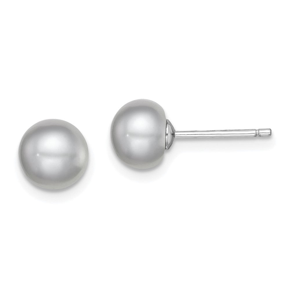 Sterling Silver Rhodium-plated 7- Grey Button Freshwater Cultured Pearl Post Earrings