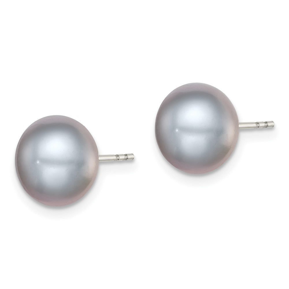 Sterling Silver Rhodium-plated 9- Grey Button Freshwater Cultured Pearl Post Earrings