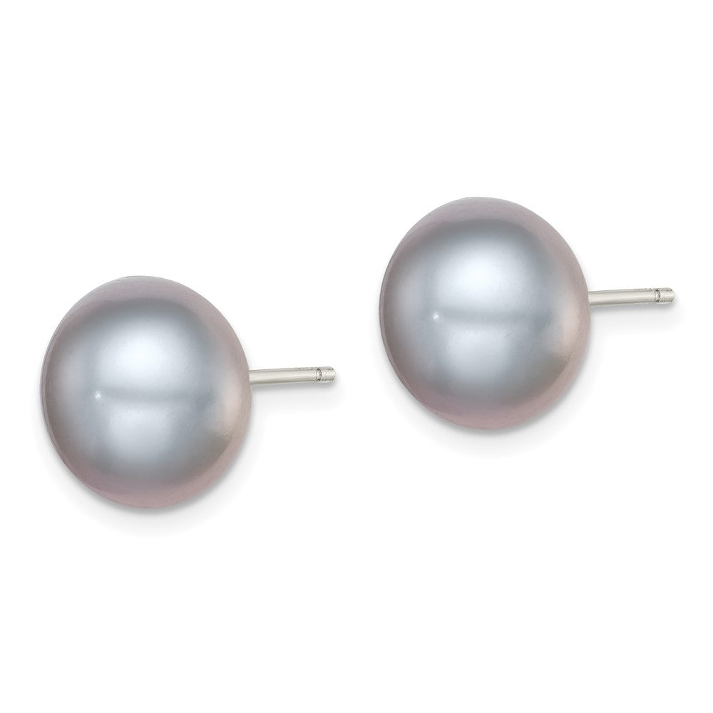 Sterling Silver Rhodium-plated 11- Grey Button Freshwater Cultured Pearl Post Earrings