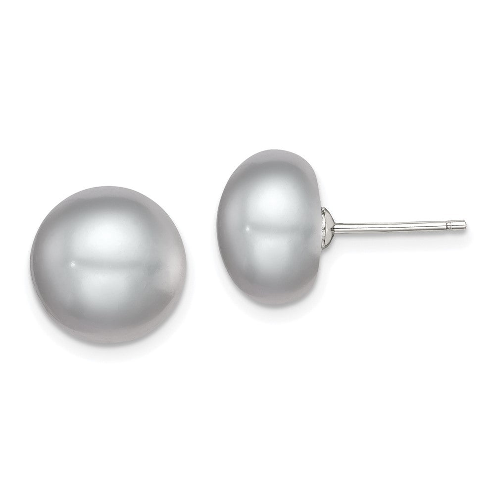 Sterling Silver Rhodium-plated 11- Grey Button Freshwater Cultured Pearl Post Earrings