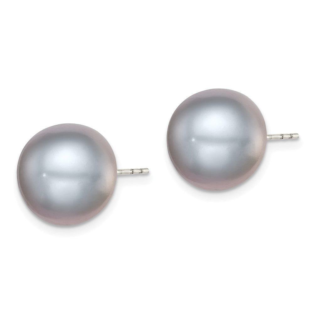 Sterling Silver Rhodium-plated 12- Grey Button Freshwater Cultured Pearl Post Earrings