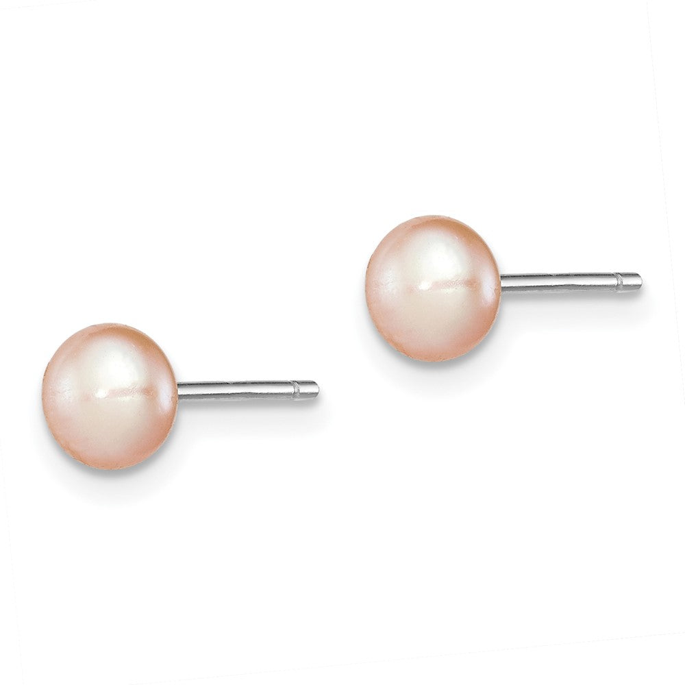 Sterling Silver Rhodium-plated 5- Pink Button Freshwater Cultured Pearl Post Earrings