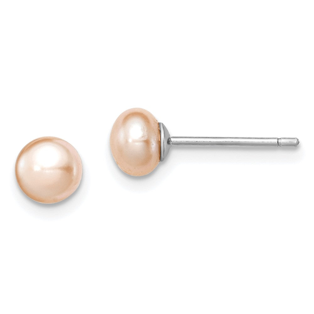 Sterling Silver Rhodium-plated 5- Pink Button Freshwater Cultured Pearl Post Earrings