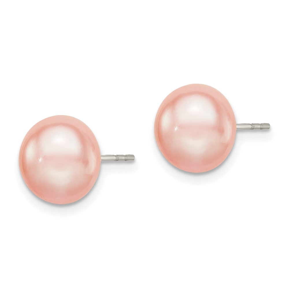 Sterling Silver Rhodium-plated 9- Pink Button Freshwater Cultured Pearl Post Earrings