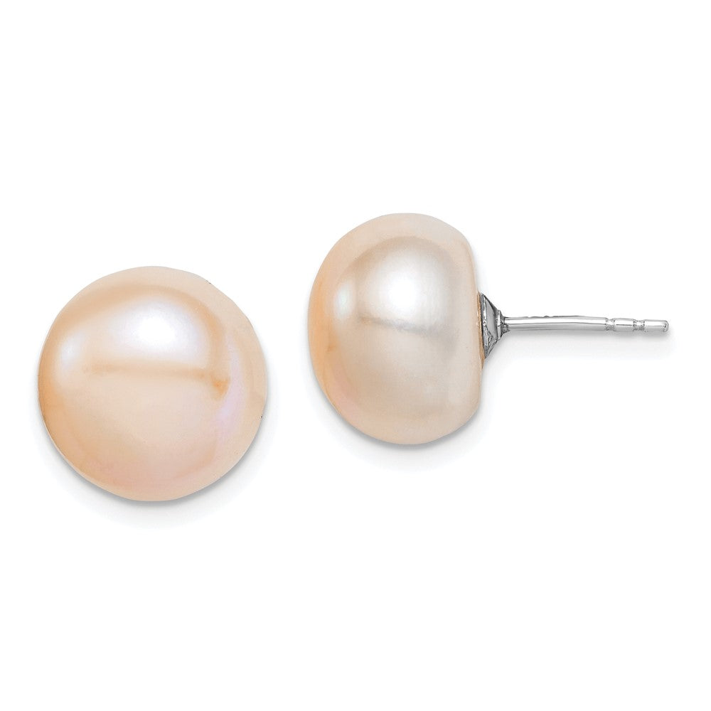 Sterling Silver Rhodium-plated 11- Pink Button Freshwater Cultured Pearl Post Earrings