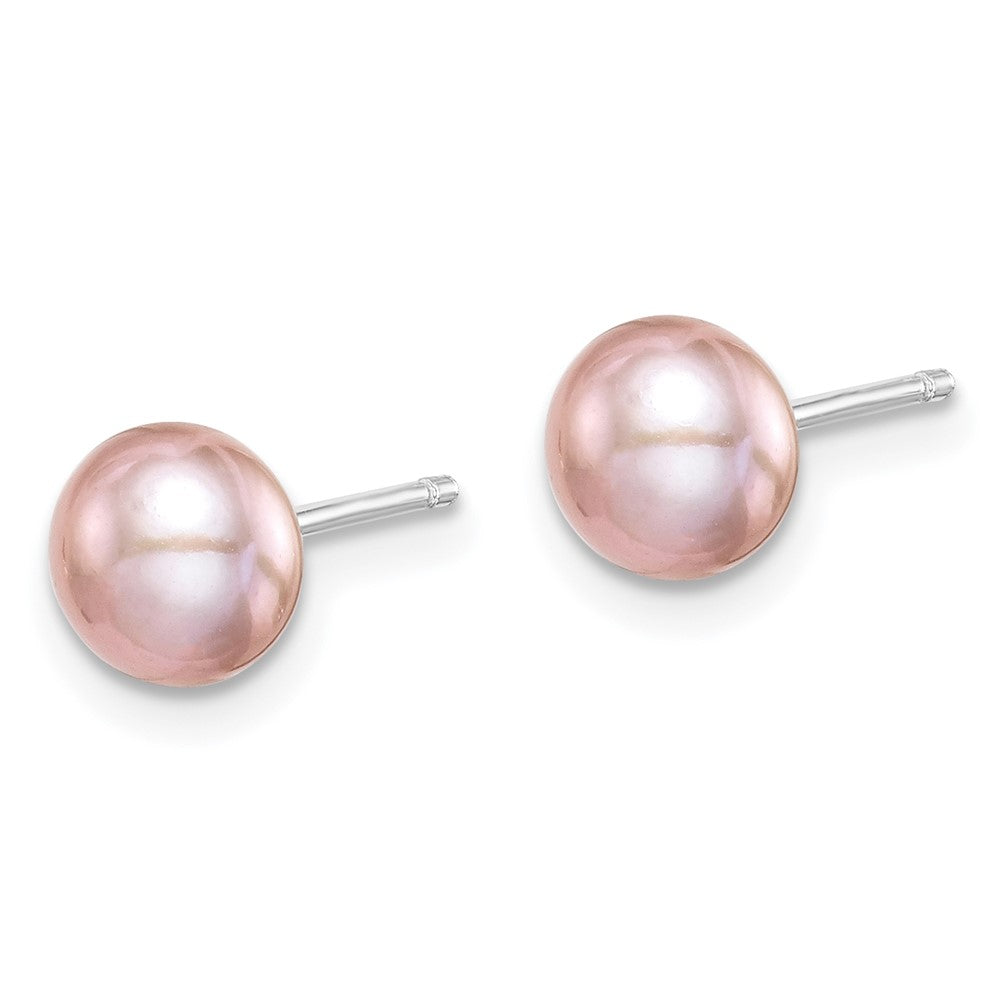 Sterling Silver Rhodium-plated 6- Purple Button Freshwater Cultured Pearl Post Earrings