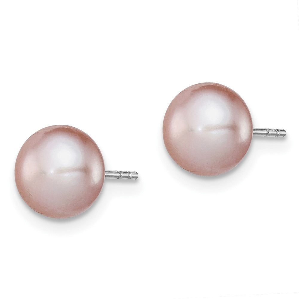 Sterling Silver Rhodium-plated 7- Purple Button Freshwater Cultured Pearl Post Earrings